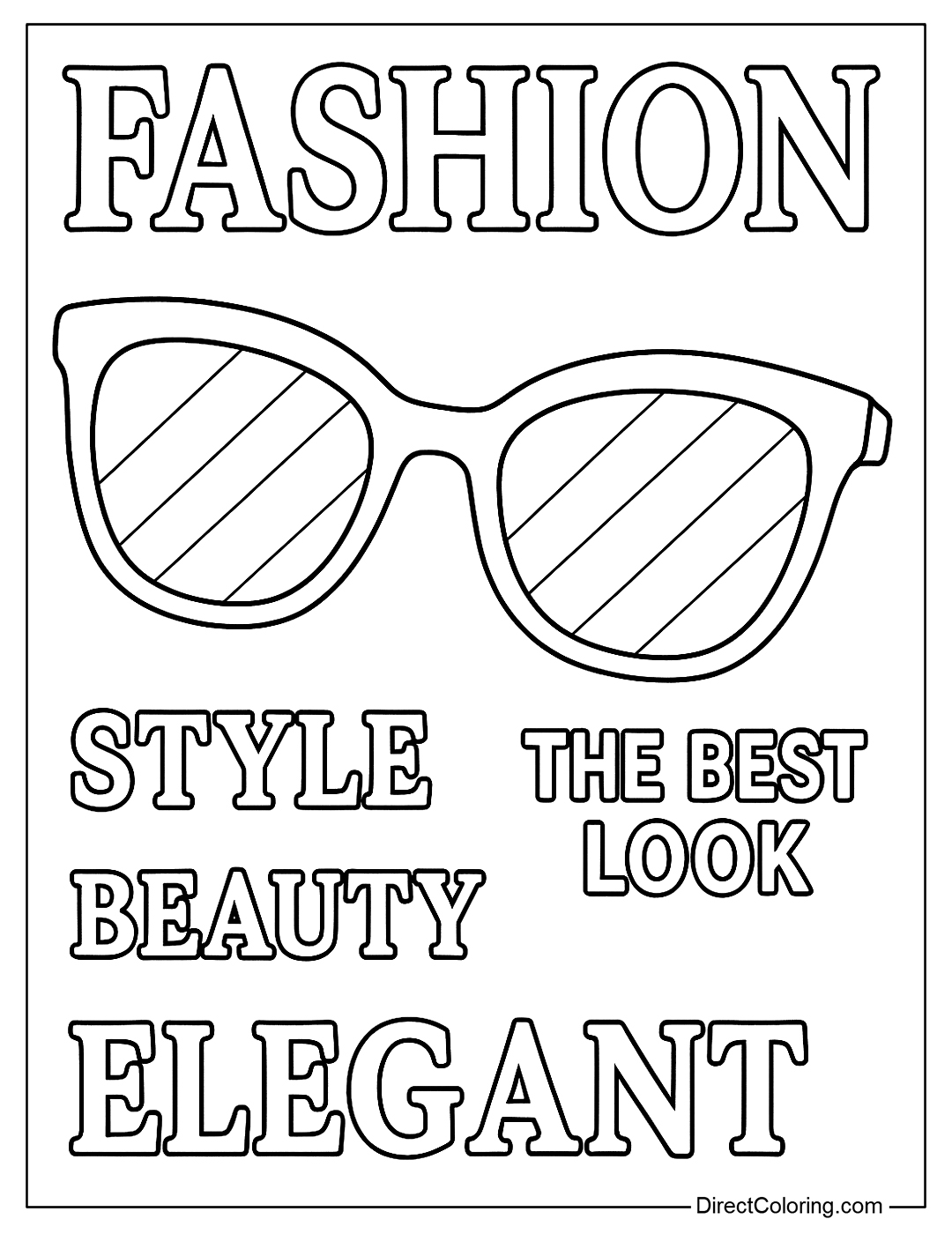coloring page Fashion magazine cover with sunglasses prominently in the middle